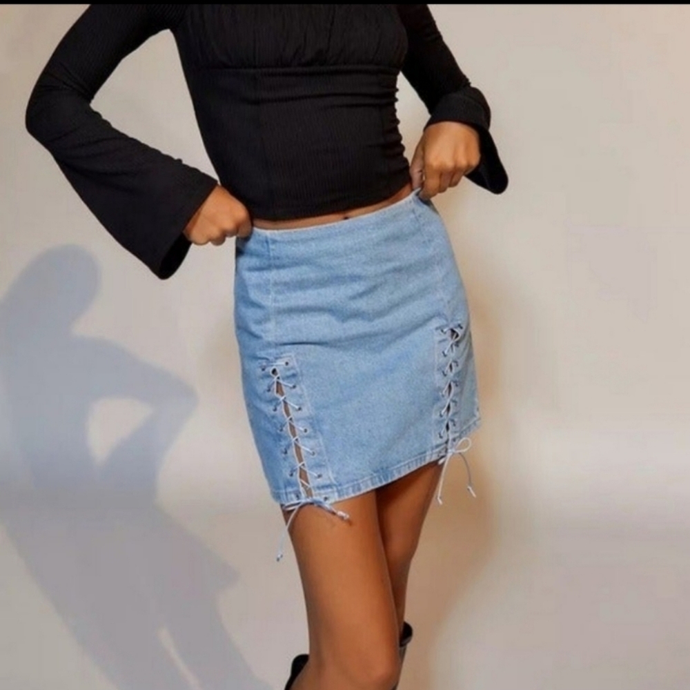 Urban Outfitters Light Blue Denim Lace-Up Mini Skirt